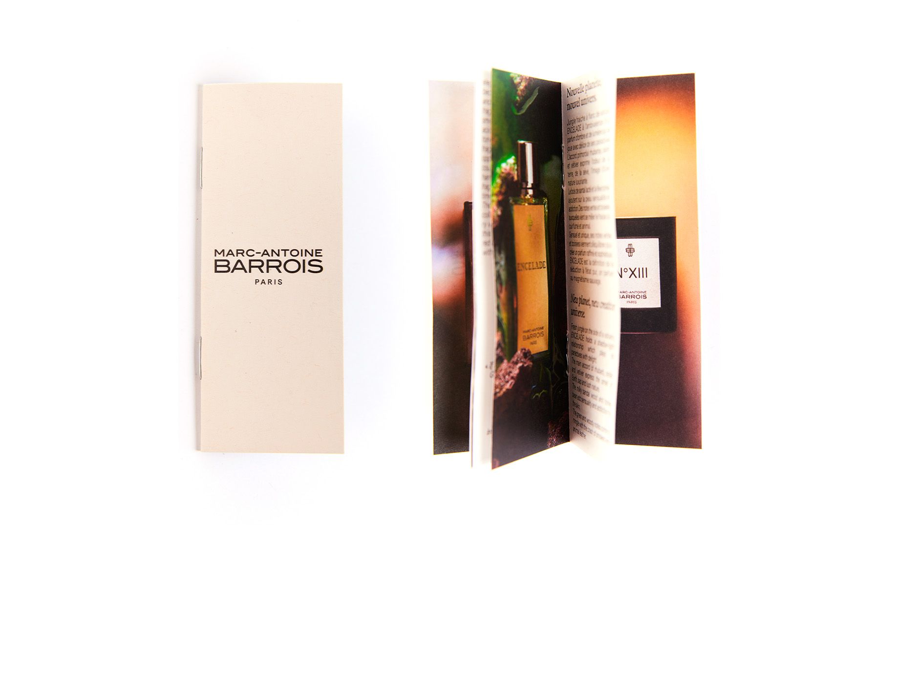 Impression par DB Print d'une brochure mini format (4x11 cm) pour les parfums Marc-Antoine Barrois.